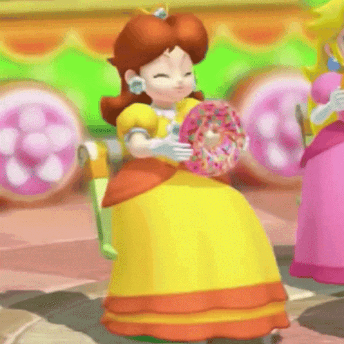 A Princess In A Yellow Dress Is Holding A Donut In Her Hands GIF
