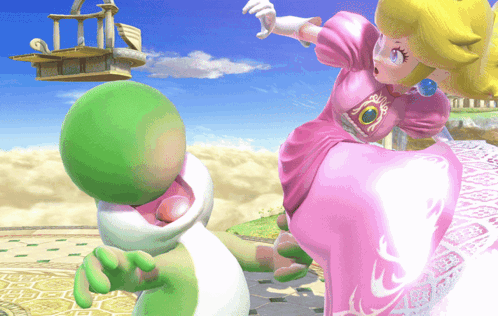 A Princess Peach Is Kicking A Green Yoshi In The Face GIF
