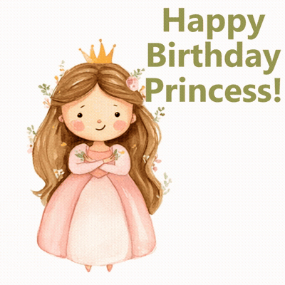a princess with a crown on her head and the words happy birthday princess below her