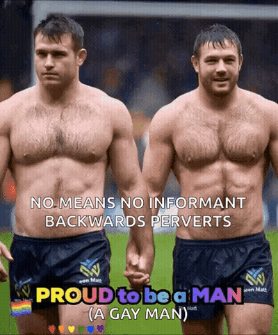 A Proud To Be A Man Advertisement With Two Men Holding Hands GIF