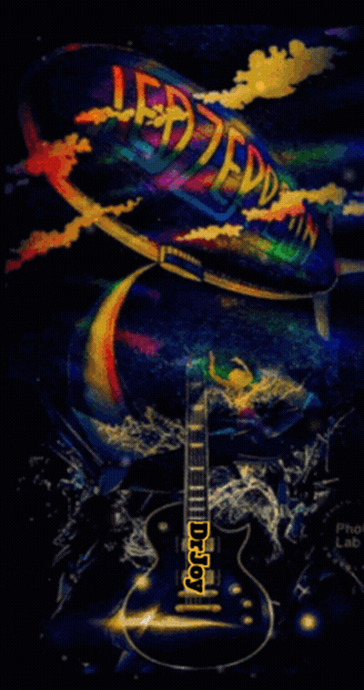 A Psychedelic Poster For Led Zeppelin With A Guitar In The Foreground GIF