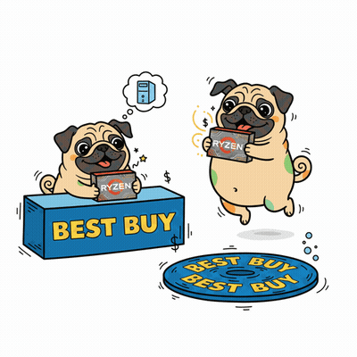 A Pug Dog Holding A Box Of Ryzen Sits At A Best Buy Counter GIF