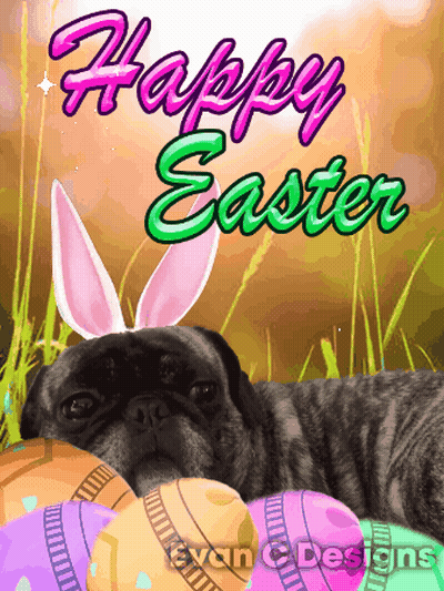 A Pug Wearing Bunny Ears Laying On Easter Eggs With The Words Happy Easter Below It GIF