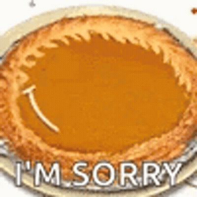 A Pumpkin Pie With The Words `` I 'M Sorry '' Written On It . GIF