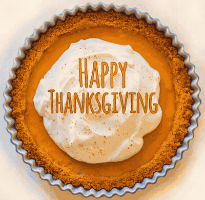 A Pumpkin Pie With Whipped Cream And The Words Happy Thanksgiving GIF