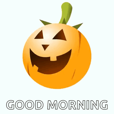 A Pumpkin With A Face Carved Into It And The Words Good Morning GIF