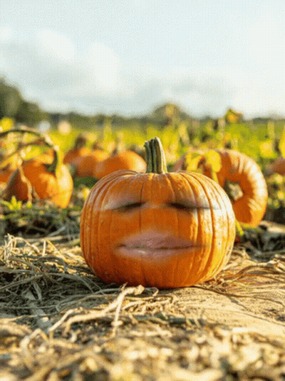 A Pumpkin With A Face Carved Into It In A Field Of Pumpkins GIF