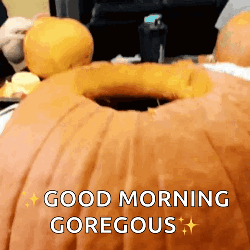 A Pumpkin With A Hole In It And The Words " Good Morning Gorgeous " On It GIF