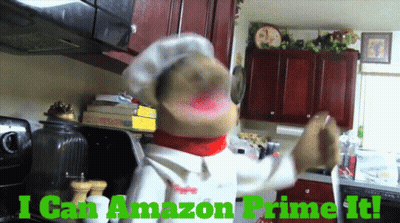 A Puppet In A Chef 'S Hat Says " I Can Amazon Prime It " In A Kitchen GIF