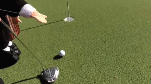 A Puppet Is Playing Golf On A Green Near A Body Of Water GIF