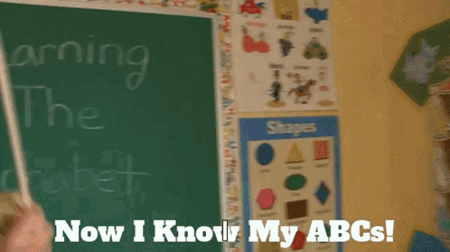 A Puppet Is Standing In Front Of A Chalkboard That Says Learning The Alphabet Now I Know My Abcs GIF