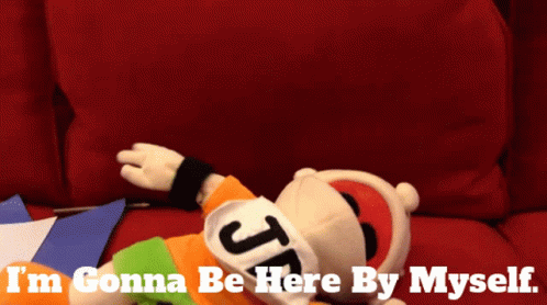 A Puppet Laying On A Red Couch With The Words " I 'M Gonna Be Here By Myself " GIF