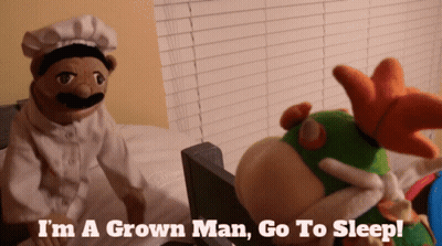 A Puppet Says I 'M A Grown Man Go To Sleep In Front Of A Stuffed Animal GIF