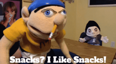 A Puppet With A Pencil In His Mouth And The Words Snacks I Like Snacks Below It GIF