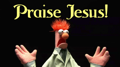 A Puppet With Red Hair Is Standing In Front Of A Black Background That Says Praise Jesus GIF