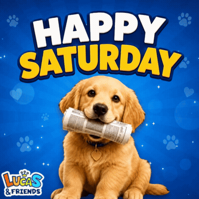 A Puppy Is Holding A Newspaper In Its Mouth With The Words Happy Saturday Behind It GIF