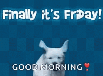 A Puppy Is Running On A Blue Background With The Words Finally It 'S Friday Good Morning GIF