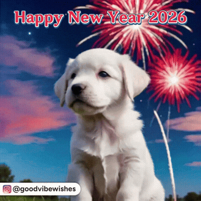 A Puppy Is Sitting In Front Of A Fireworks Display With The Words Happy New Year 2026 GIF