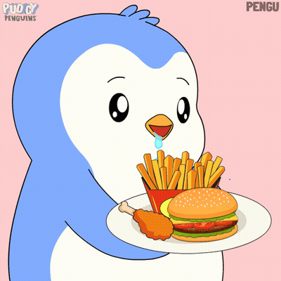 A Puppy Penguin Is Holding A Plate Of Food With A Hamburger And French Fries GIF