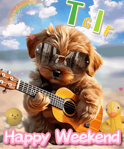 A Puppy Wearing Sunglasses Is Playing A Guitar And The Words Happy Weekend Are Below It GIF