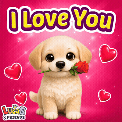 A Puppy With A Rose In Its Mouth Is Surrounded By Hearts And The Words I Love You GIF
