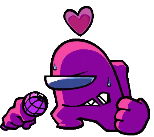 A Purple Among Us Character Is Holding A Microphone And Has A Heart Above It . Sticker