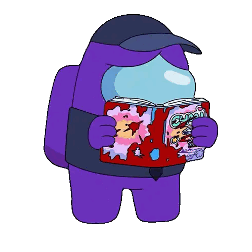 A Purple Among Us Character Is Reading A Book Called Gumball Sticker