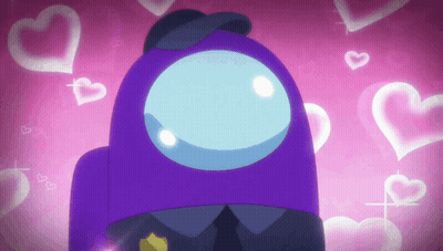 A Purple Among Us Character Is Surrounded By Hearts On A Pink Background GIF