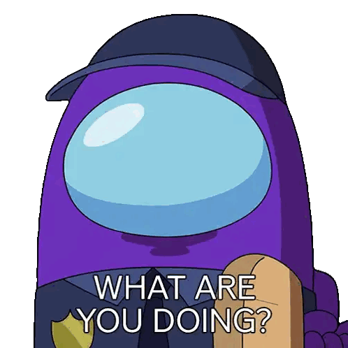 A Purple Among Us Character Says What Are You Doing On A White Background Sticker