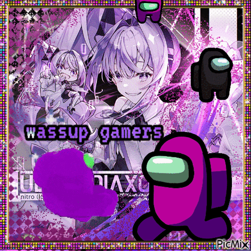 A Purple Among Us Character With The Words Wassup Gamers GIF