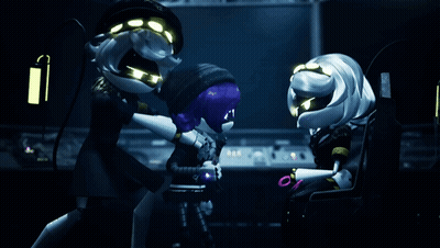 A Purple And A White Robot Are Standing Next To Each Other GIF