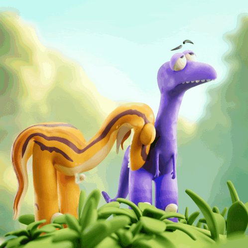 A Purple And An Orange Dinosaur Are Standing Next To Each Other In The Grass GIF