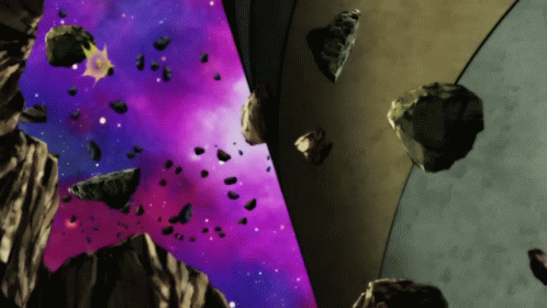 A Purple And Blue Background With Rocks Flying In The Air GIF