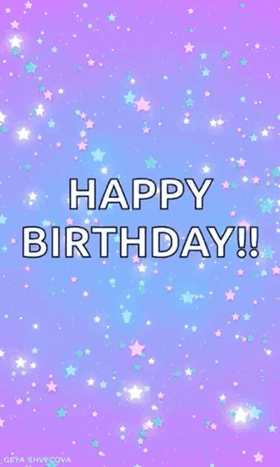 A Purple And Blue Background With Stars And The Words `` Happy Birthday '' GIF