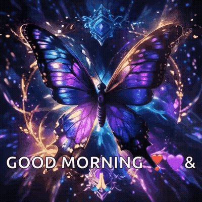 A Purple And Blue Butterfly With The Words Good Morning And Hearts GIF