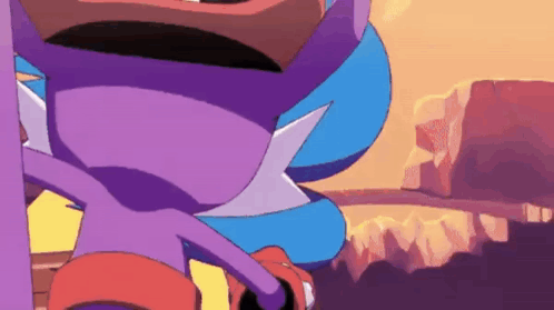 A Purple And Blue Cartoon Character Is Standing In Front Of A Sunset . GIF