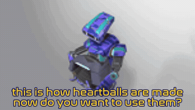 A Purple And Blue Robot With The Words " This Is How Heartballs Are Made Now Do You Want To Use Them " Below It GIF