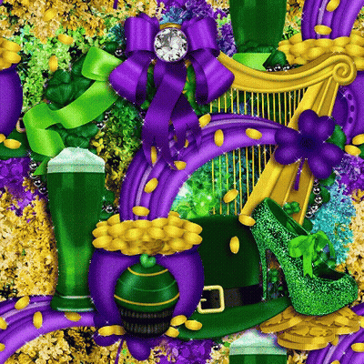 A Purple And Green Background With A Purple Bow On Top GIF