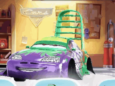 A Purple And Green Car In A Garage With A Cars Sign Above It GIF