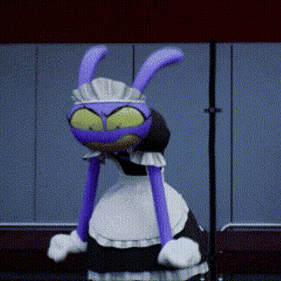 A Purple And Green Cartoon Character Wearing A Maid Costume GIF