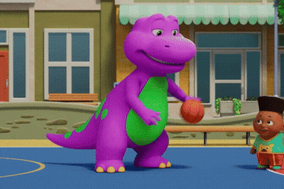 A Purple And Green Dinosaur Holding A Basketball On A Court GIF