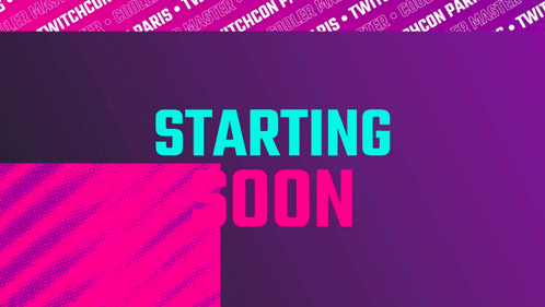 A Purple And Pink Background With The Words " Starting Soon " GIF