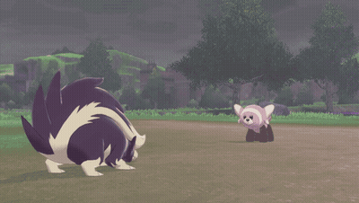 A Purple And White Animal Is Standing Next To A Smaller Animal In A Field GIF