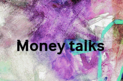 A Purple And White Background With The Words Money Talks GIF