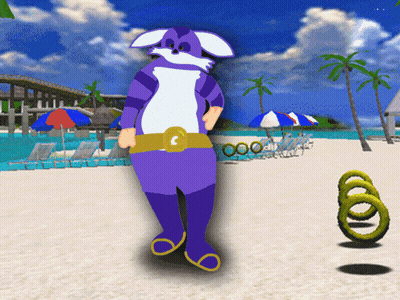 A Purple And White Cartoon Character Is Standing On A Sandy Beach GIF