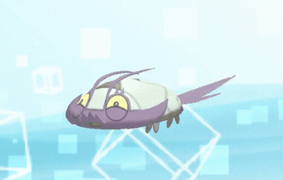 A Purple And White Cartoon Character With Yellow Eyes Is Floating In The Air . GIF