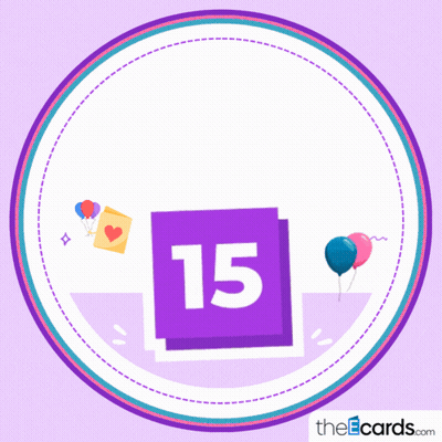A Purple And White Circle With The Words Happy Birthday 15 On It GIF