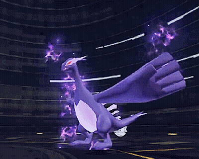 A Purple And White Dragon Is Flying Through A Dark Room GIF