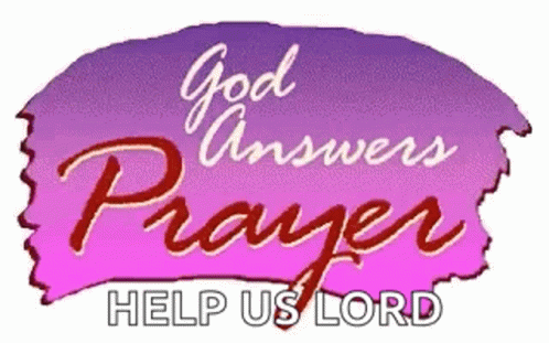 A Purple And White Logo That Says `` God Answers Prayer Help Us Lord '' . GIF