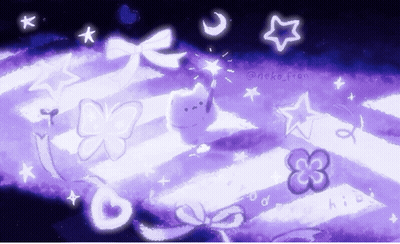 A Purple And White Striped Background With A Cat Butterfly And Star GIF